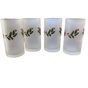 Set of 4 Cerve Frosted Holly Berry Christmas Holiday Highball Glasses